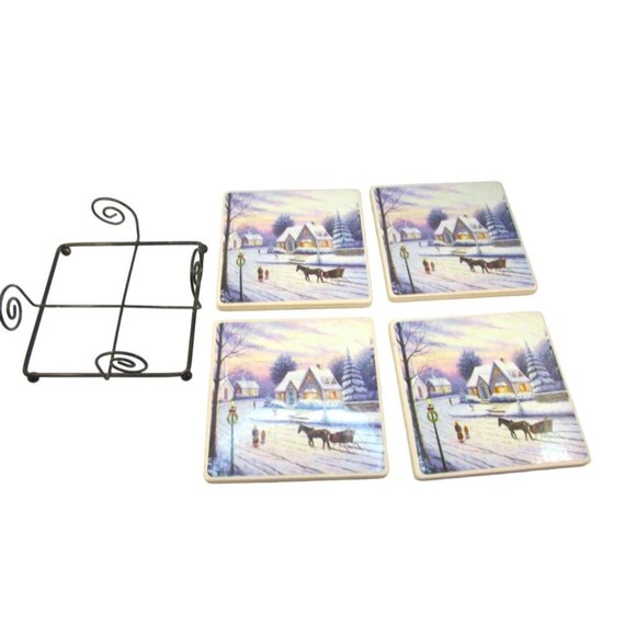 Winter Scene Ceramic Coasters with Wire Holder Set of 4 - Picture 3 of 7